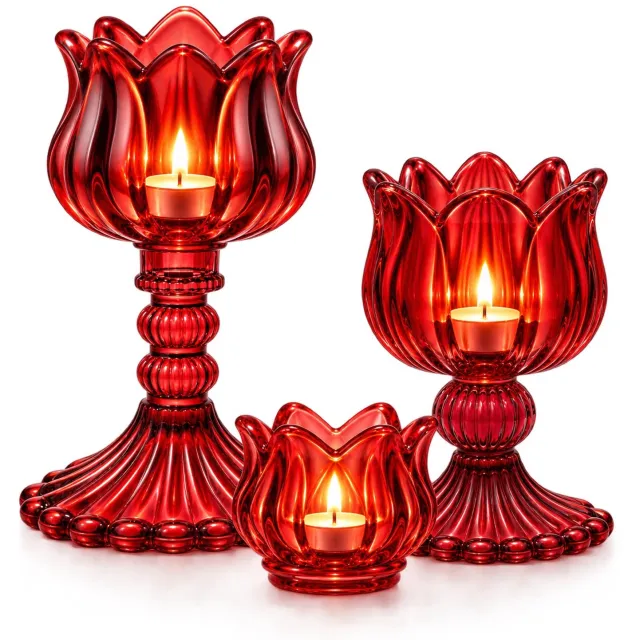 Winq Set Kandelaren Op Voet - 3 Glazen Waxinelichthouders - Rood Bordeaux - 7x7 7x14 7x20,5 Cm - Bloemvormige Rand - Binnen En Buiten Gebruik