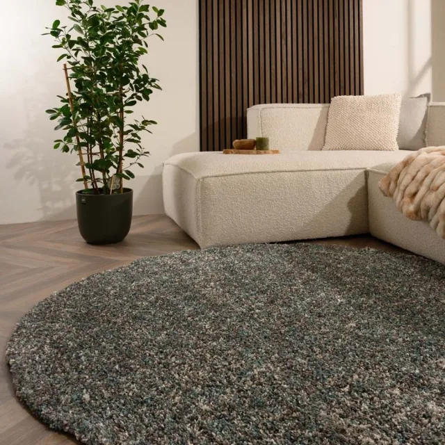 Tapeso Rond hoogpolig vloerkleed - Blend blauw/grijs 80