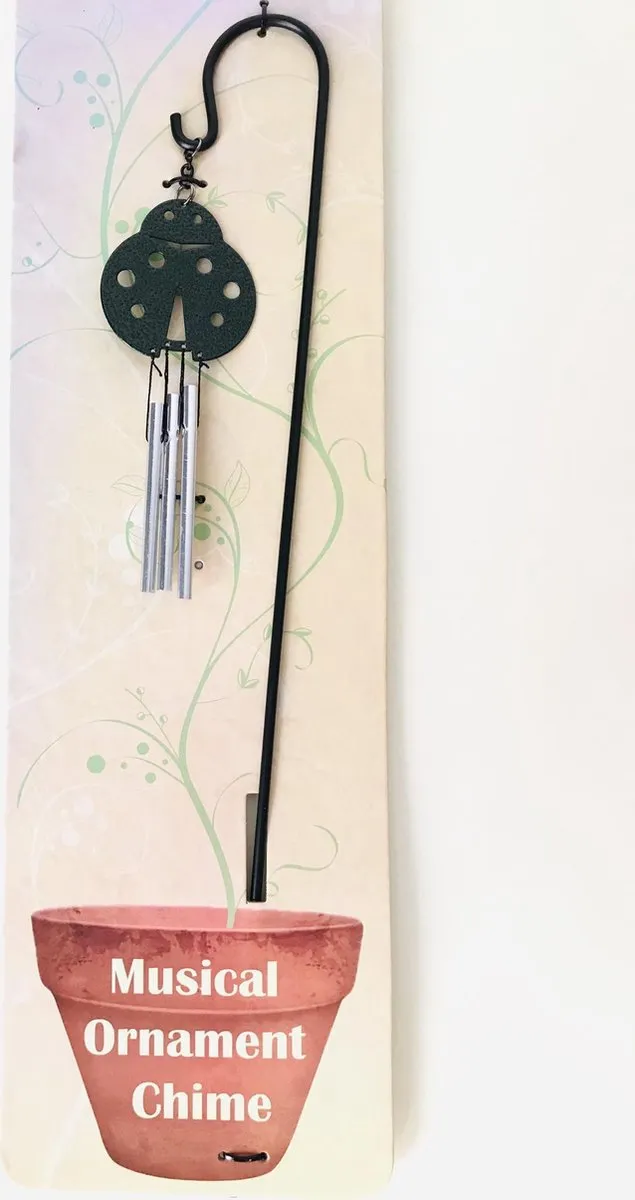 Nature's Melody windgong lieveheersbeestje hangend op tuin prikker.9x46c0.5cm. Metalen Tuinsteker. tuindecoratie. Tuinsteker U krijgt nog een windgong 7x17x2cm van sleepy hollow gratis bij. Zilver