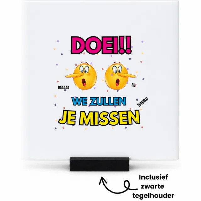 Hacebo Doei emoji tegeltje met tegelhouder - Afscheid bedank cadeau - een collega - tegeltjes met tekst - werk - afscheidscadeau - verjaardagscadeau - spreuktegels - 10.8x10.8 CM Wit