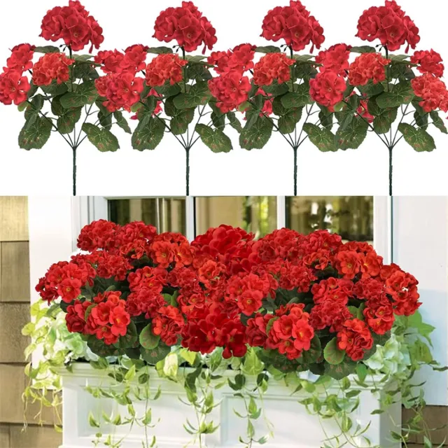 Flintry 4 stuks kunstmatige geraniumbloemen, UV-bestendige rode geraniumzijden nepbloemen voor buiten, voor thuis, bruiloft, tuin, terras, tafeldecoratie - Rood