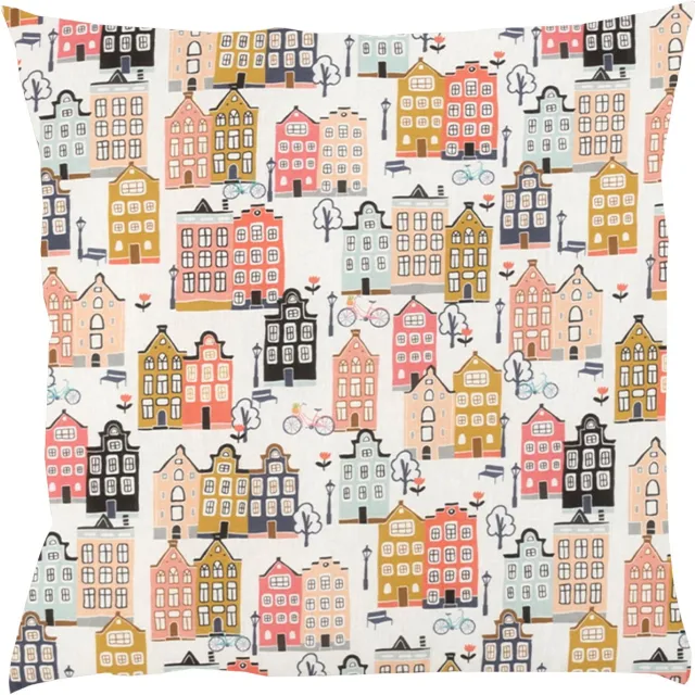 BINK Bedding Sierkussen Adam 50 x 50 cm - inclusief vulling - print met huisjes - Hollandse huisjes - ecru - roze - peach - blue - grijs - mosterdgeel ecru, grijs, roze, peach, mostert, blue
