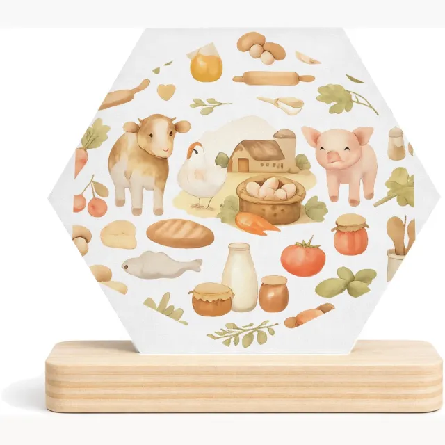 Mr Cadeautjes MDF fotolijst/inleg hexagon 14 x 13 - design Keukenalfabet met fruit, groenten en bakgerei | cadeau Wit