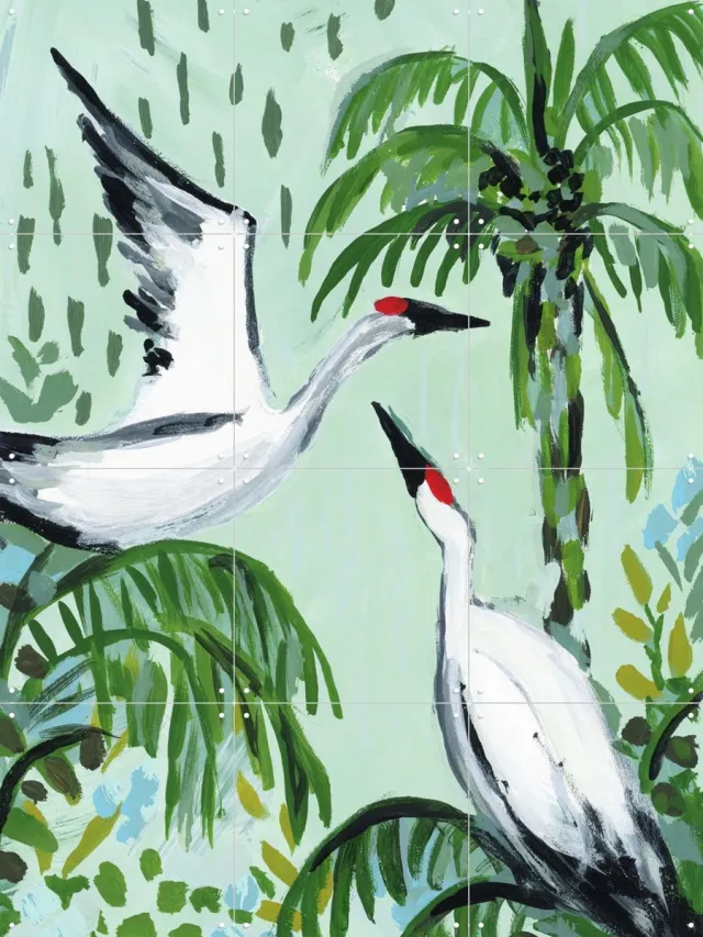 IXXI Tropical Cranes, Green Barn Studio - 60 x 80 cm - Grote wanddecoratie en posters - Kwaststreken, Abstract, Speels, Illustraties, Woonkamer Lichte tinten / Groen
