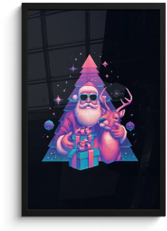 FrameYourWall Poster in lijst - Fotolijst 40x60 cm - Posters - Retro - Kerstman - Rendieren - Kerstboom - Posterlijst zwart - Decoratie - Wanddecoratie woonkamer - Muurdecoratie slaapkamer - Kerstversiering - Kerstdecoratie voor binnen - Kerstmis