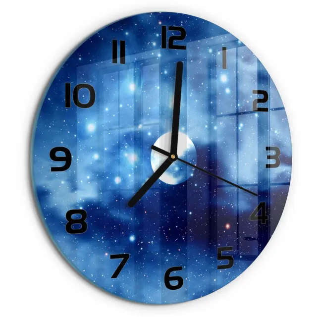 TULUP Wandklok - Volle maan Glazen Wandklok Design - fi30 cm - Blauw Klok Glas Met Opdruk - Zwarte handen - Ronde Klok - Wandklok Glas Met Motief - Decoratieve Glazen Klok