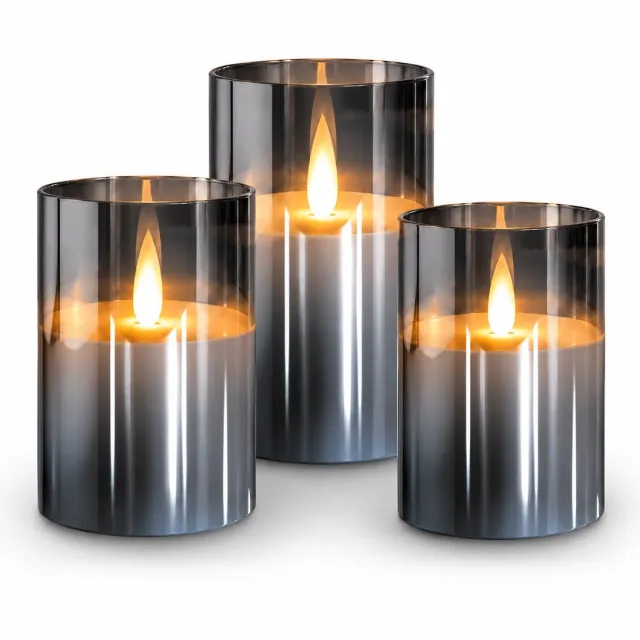 HOMIES LED Kaarsen met Bewegende Vlam – Set van 3 – Smokey Glas – Dimbaar – 2x AA Batterijen – 250+ Uur – Elektrische Kaarsen Zwart