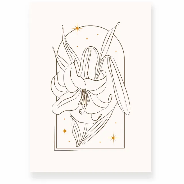 Yisual Poster 30x40 cm - Lelie - Bloemen - Lijntekening - Goud - Beige - Minimalistisch - Botanisch - Muurdecoratie - Wanddecoratie