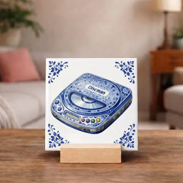 Bedruk King Delftsblauw Tegeltje 11x11 Discman met CD – Retro Muziek Cadeau en Wanddecoratie