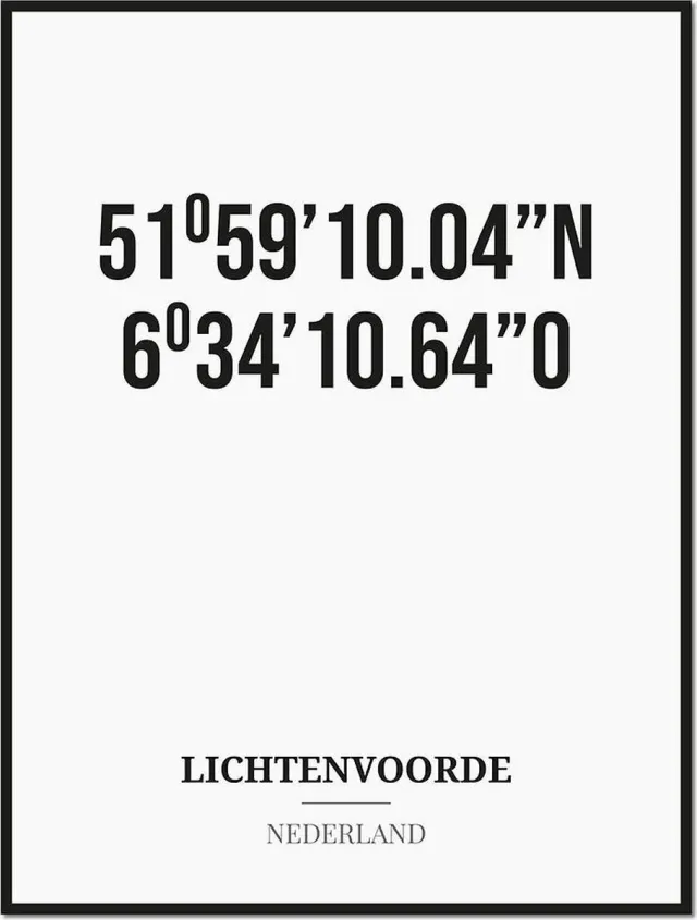 Studio216 Poster/kaart LICHTENVOORDE met coördinaten zwart, wit