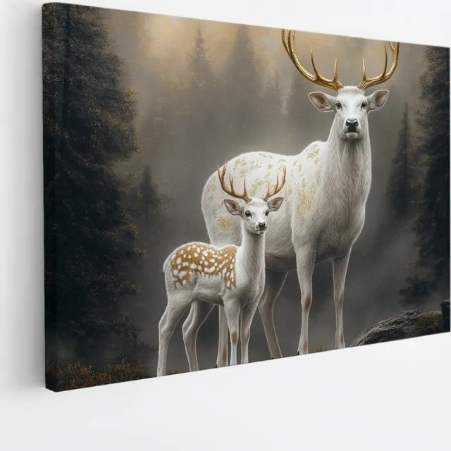 Saammp Canvas Schilderij - 2 Herten met goude Geweien - Natuur - Dieren - 120x80 - Foto op canvas - Wanddecoratie - Muurdecoratie Woonkamer - Slaapkamer decoratie - Canvas Print Multicolor