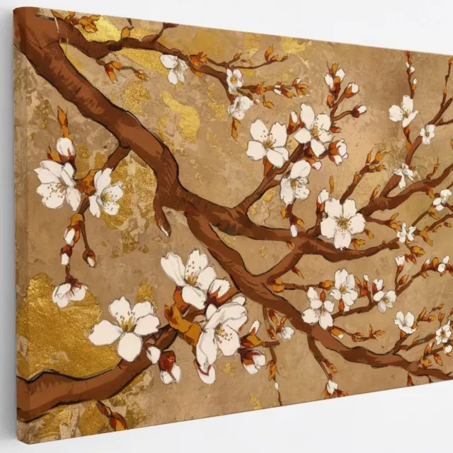 Saammp Canvas Schilderij - Witte bloessem aan tak - Beige - Bloemen - Abstract - 30x20 - Foto op canvas - Wanddecoratie - Muurdecoratie Woonkamer - Kantoor Decoratie Multicolor