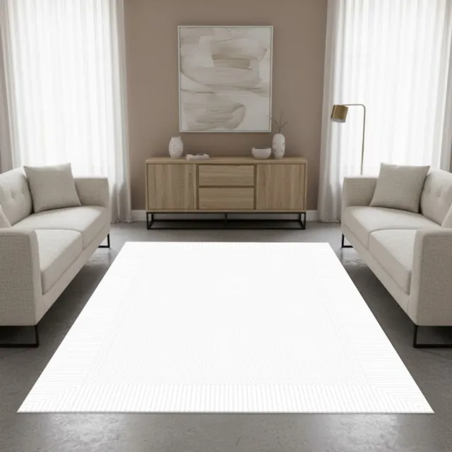 TapisTrend Designer tapijt Crème Klassiek acryl vloerkleed met een dunne geometrische rand voor de woonkamer, slaapkamer en eetkamer Beige