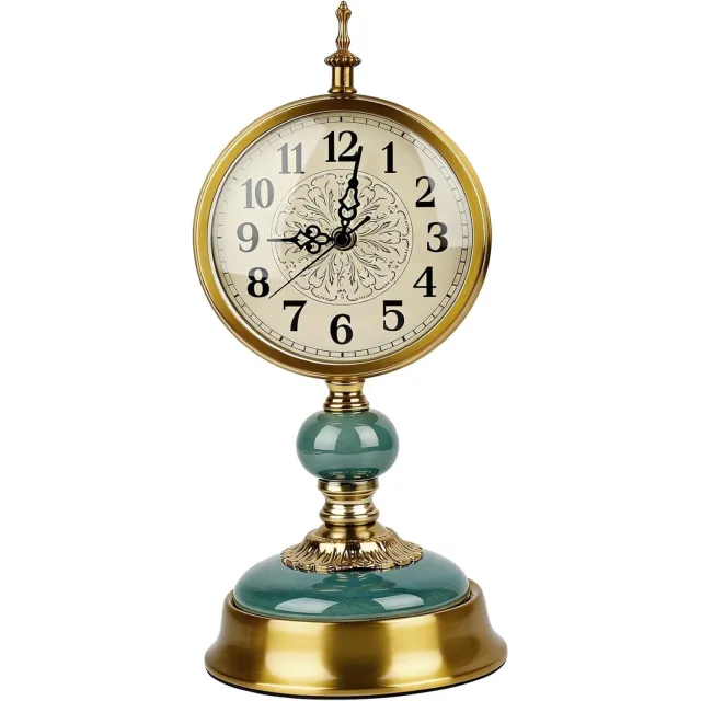 Karma Vintage tafelklok met groen keramisch voetstuk en messing behuizing - ronde wijzerplaat met Arabische cijfers - 38 cm Goud
