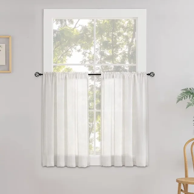 CUCRAF Linnen vitrage, halftransparant, bistrogordijn, raamgordijn, gordijn voor keuken, landhuis, woonkamer, set van 2, 90 x 45 cm (b x h), gebroken wit