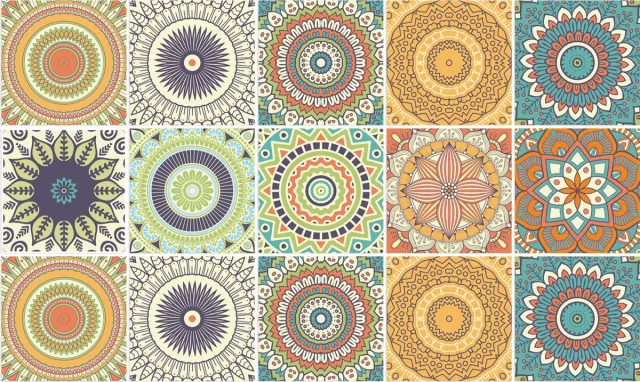 Plaktegels - Zelfklevende Tegels - 15x15 cm - Ulticool - Mandala Zon Bloem Oranje Groen Blauw - 15 stuks - Decoratie Sticker Tegels - Plakfolie Tegelstickers - Achterwand voor de Muur Badkamer - Keukenwand Keuken - Sticktiles