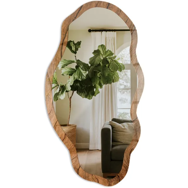 TULUP Houtstructuur Spiegel - Bruin Elegante Rechthoekige Wandspiegel - Organische Spiegel - Woonkamer, Kantoor, Slaapkamer - Rustiek - 45x90 cm - Totale afmeting 52x97 cm HoutnerfstructuurTextuur, Bruin