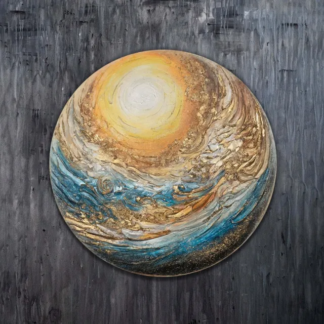 YS Canvas schilderij 100x100 cm handgeschilderd Goldsphere goudbol abstract luxe – YS-Art Gallery – Luxe wanddecoratie voor woonkamer – Modern schilderij voor slaapkamer Round