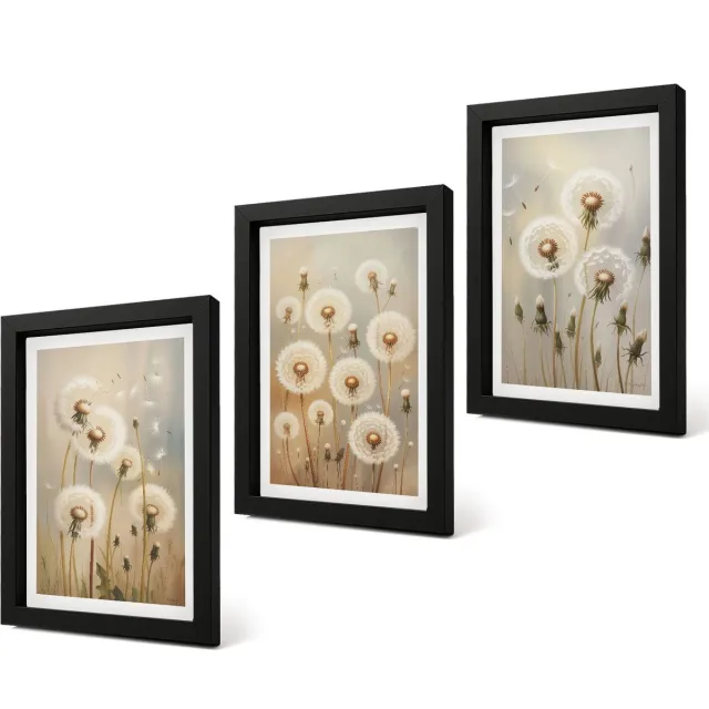 Coloray 4-Delige Schilderij Set - Witte paardenbloemen op een achtergrond van lichte kleuren. - 20 x 30 cm - Muurdecoratie - Interieur Decoratie - Stijlvolle Muurdecoratie Zwarte lijst