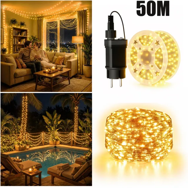 Froadp Kupferdraad Lichtenketting Warm wit 50M 500 LEDs Kerstverlichting Waterdicht Warmwit Met 8 Modi Afstandsbediening Timer IP44 Waterdicht Kerstverlichting Buiten Binnen Balkon Tuin