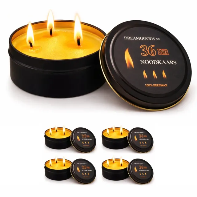 DreamGoodsAR DreamGoods 4x Noodkaarsen Deluxe - 100% Bijenwas - 36 uur per Kaars - 144 uur Licht & Warmte - Extra Lang Brandbaar - Binnen & Buiten - Kamperen & Outdoor - Beewax Overlevingskaars Zwart