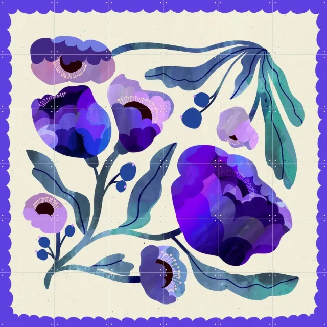 IXXI Blueberry Blue Flower, Lena Addink - 120 x 120 cm - Grote wanddecoratie en posters - Speels, Illustraties, Studeerkamer, Gang, Eetkamer Blauw