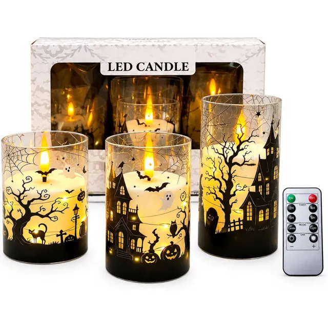SWGOTA led kaarsen voor Halloween, set van 3 met warm licht, vlamimitatie en lichtsnoer, inclusief afstandsbediening, op batterijen, in vensterdoos Bruin