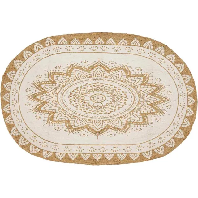 vidaXL Gebied - Tapijt - Natuurlijk - met - witte - print - Bloemen - 205 - x - 305 - cm Natuurlijk met Witte Print