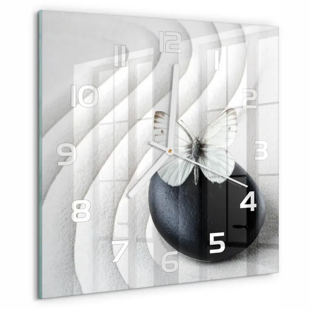 TULUP Wandklok - Zensteen en vlinder Moderne Wandklok Glas - 30x30 cm - Wit Wandklok Glas Decoratie - Witte handen - Vierkante Klok - Glazen Wandklok Design - Klok Glas Met Opdruk