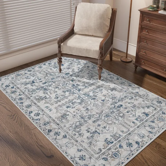 Ibenzoa Gedetailleerd Vloerkleed in Vintage Blauw met Bloemenprint, 90 x 150 cm boho blauw