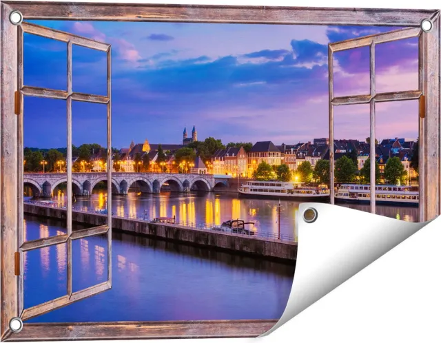 Gards Tuinposter Doorkijk Maastricht Maas Rivier bij de Sint Servaasbrug - 60x40 cm - Tuindoek - Tuindecoratie - Wanddecoratie buiten - Tuinschilderij Bruin