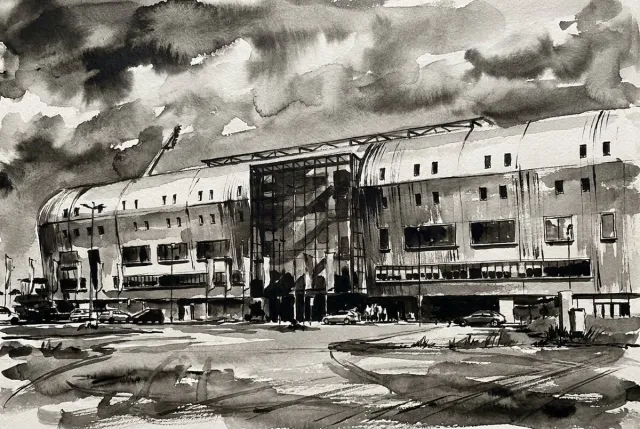 Atelier Iconique Bingoal Stadion ADO Den Haag Black and White Ink Wash Stadiums - Print op Canvas 90x60 cm - Atelier Iconique zwart