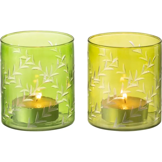 J-Line theelichthouder Bladeren - glas - groen - large - 2 stuks