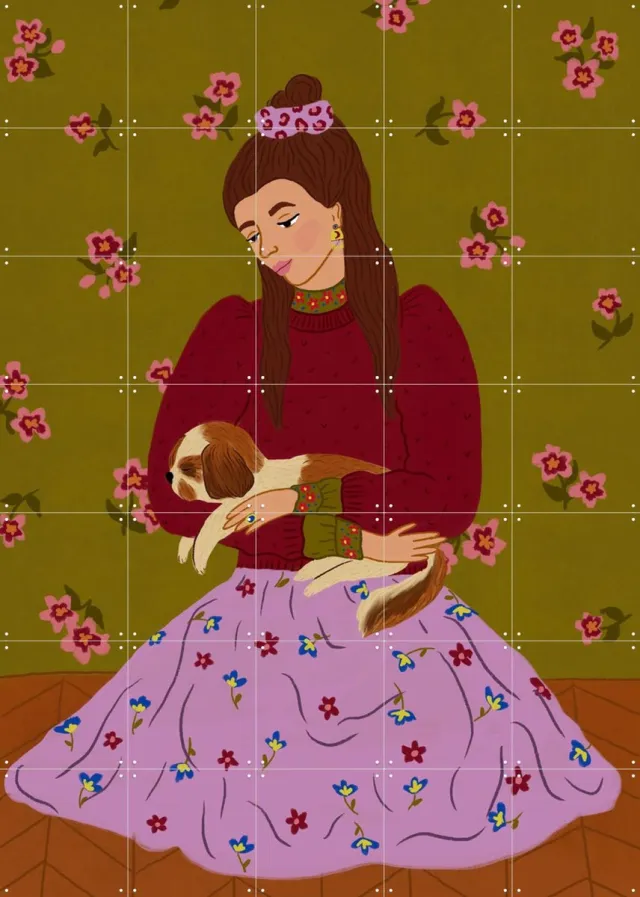 IXXI Huisdiergeluk, Kirsten Blom Art & Illustration - 100 x 140 cm - Grote wanddecoratie en posters - Fantasierijk, Illustraties, Kleurrijk, Speels Roze