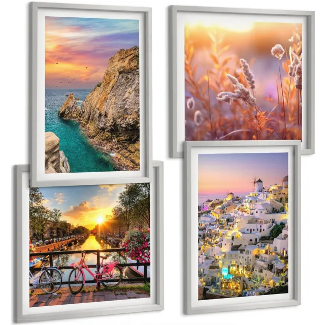 Coloray 4-Delige Schilderij Set - Uitzicht Op Zee Met Zonsondergang En De Stad - 40 x 40 cm En 40 x 60 cm - Wanddecoratie - Woonkamer Decoratie - Stijlvolle Muurdecoratie Zilveren lijst