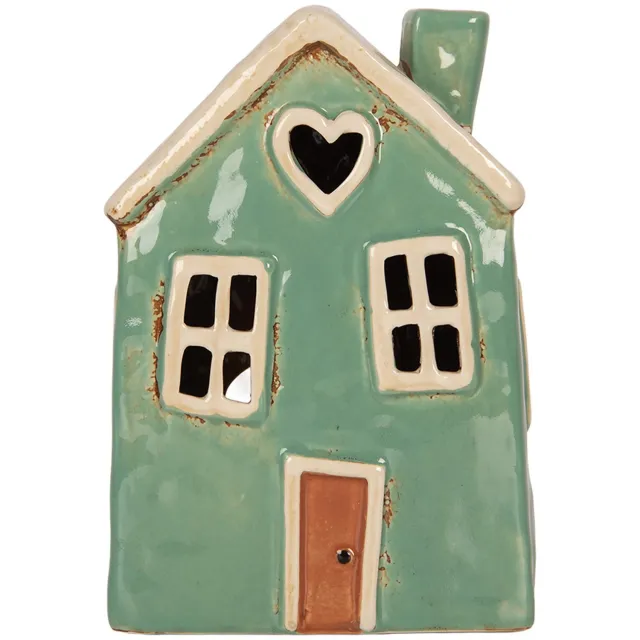 Clayre & Eef Waxinelichthouder Huis 13x9x18 cm Groen Beige Keramiek