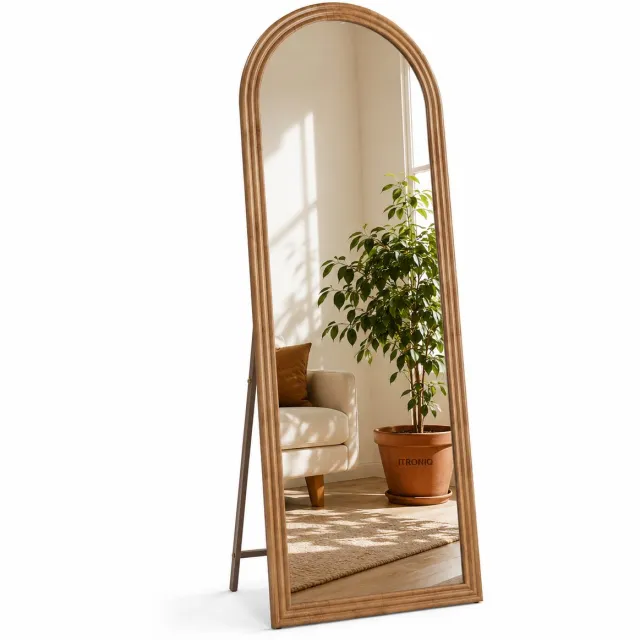 ITRONIQ Passpiegel 160 x 50 cm – Staande Spiegel & Wandspiegel – Boogspiegel met Massief Houten Frame – Vloerspiegel - Bruin