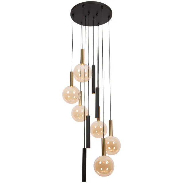 Lucide JOSIANE - Hanglamp - Ø 55 cm - 6xG9 - Geschikt voor vide en hoge plafonds - Zwart | Vibes Zwart, Amber