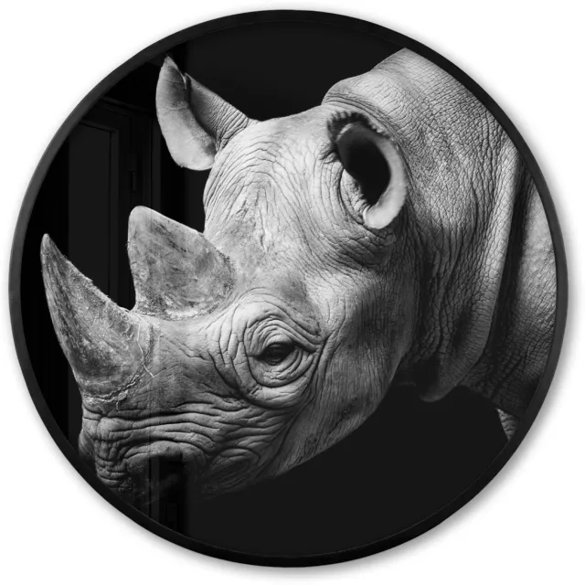 FrameYourWall Poster in lijst Rond - Fotolijst 80x80 cm - Posters - Dieren - Neushoorn - Zwart - Wit - Portret - Ronde posterlijst zwart - Decoratie - Wanddecoratie woonkamer - Muurdecoratie slaapkamer Multicolor