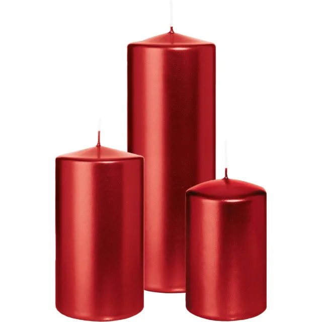 Wiedemann Cilinderkaarsen/stompkaarsen - set van 3 - metallic rood - 6x8/7x13/7x20 cm Donkerrood