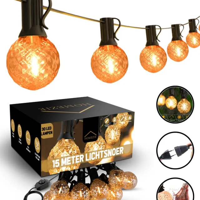 Homezie Lichtsnoer 15 meter met 30 LED bulbs | Inclusief dimmer | Warm wit | Koppelbaar & Dimbaar