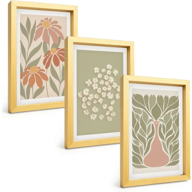 TULUP 4-Delige Schilderij Set - Bloemmotieven, minimalistische patronen, boho-stijl - 20 x 30 cm - Wanddecoratie - Muurdecoratie - Moderne Interieurdecoratie Gouden lijst
