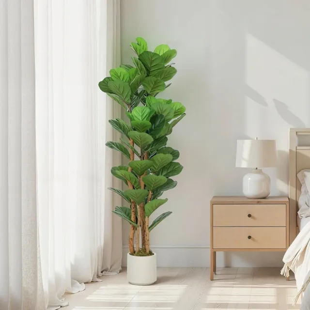 DESMIU Kunstplant – 150 Cm – 71 Bladeren Met Buigbare Draden – Kunststof En Hout – Groen – Voor Binnen Met Witte Pot