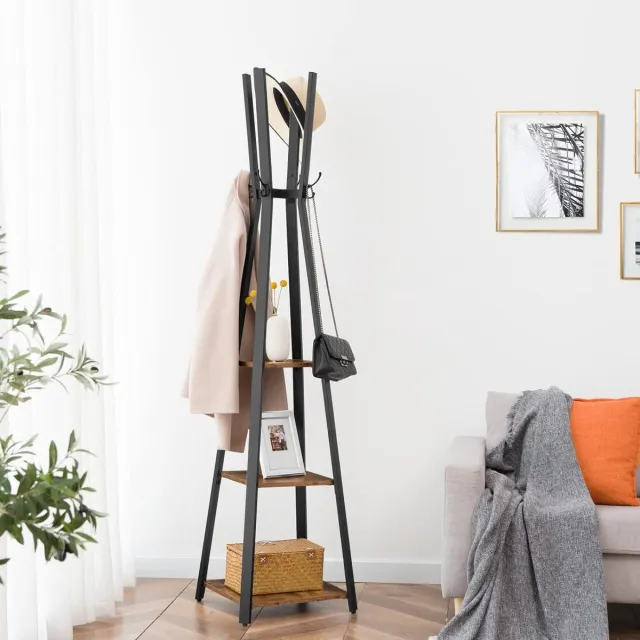 HOOBRO Kapstok, Vrijstaand kapstok met 3 planken, 4 haak, kapstok voor kleding, hoeden, hal, foyer, metalen frame, industrieel ontwerp, vintage bruin-zwart Rustiek Bruin