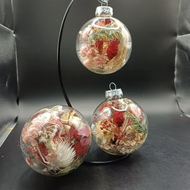 Geen merk en handgemaakt Set van 3 Kerstballen met Droogbloemen – 8 cm – Transparant – Kerstdecoratie – Kerstcadeau naturel