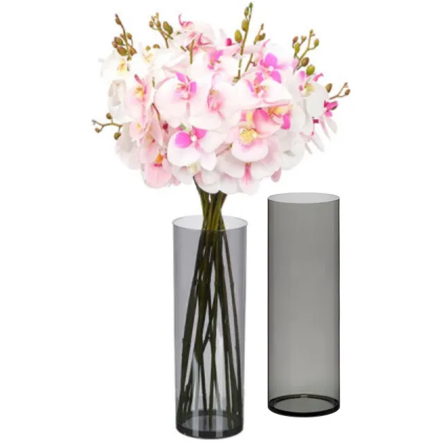 Giftdecor Bloemenvaas - 2x - smoke acrylglas - D15 x H35 cm - cilinder - boeketvaas - 6 liter Zwart