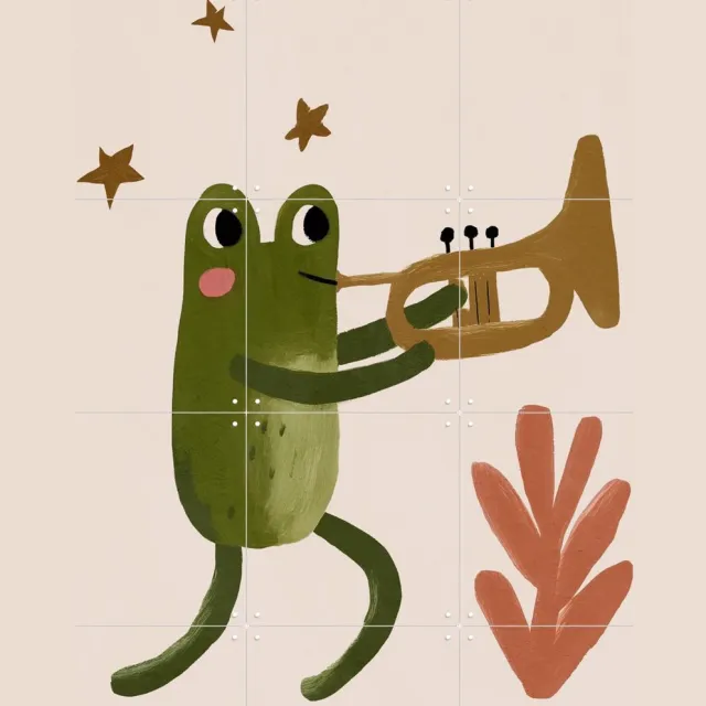 IXXI Frog and Trumpet, Treechild & Various - 60 x 80 cm - Grote wanddecoratie en posters - Kleurrijk, Speels, Fantasierijk, Geometrische Kunst Groen