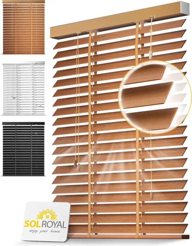 Sol Royal BE5 Houten Jaloezieen Eikenhout 50 mm Lamellen Extra Breed 150x180 cm Eenvoudige Montage aan Muur & Plafond Echt Hout Rolgordijn Raam & Deur