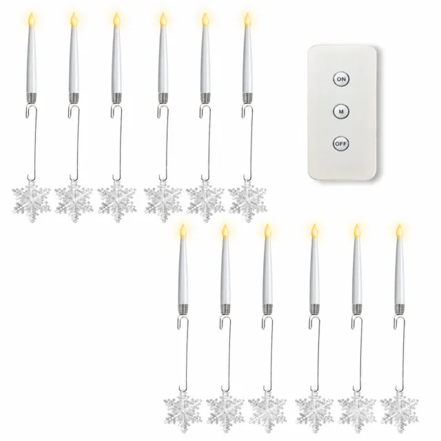 SWGOTA led kaarsen, set van 12 met sneeuwvlokdecoratie en haak, warmkleurige vlamvorm en afstandsbediening, voor kerst- en feestdecoratie Wit