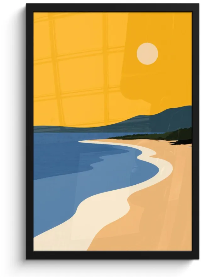 FrameYourWall Poster in lijst - Fotolijst 40x60 cm - Posters - Kustlijn - Oranje lucht - Begroeiing - Posterlijst zwart - Decoratie - Wanddecoratie woonkamer - Muurdecoratie slaapkamer Kustlijn - Zon